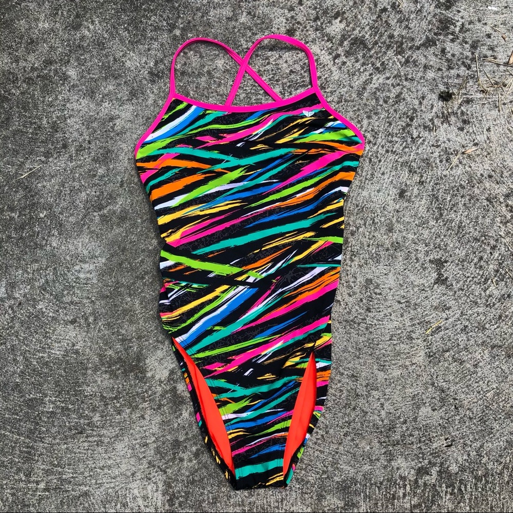 Tyr one piece swimsuit neon and black strappy size L